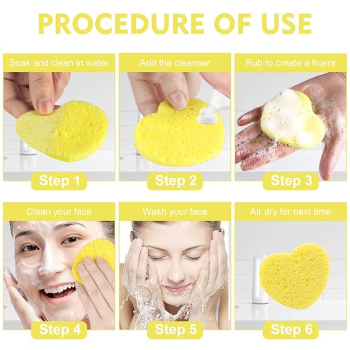 100-Count Compressed Facial Sponges for Estheticians Heart Shape Natural Cellulose Sponge Professional Cosmetic Spa Sponges for Face Cleansing, Massage, Pore Exfoliating, Mask, Makeup Removal, Yellow