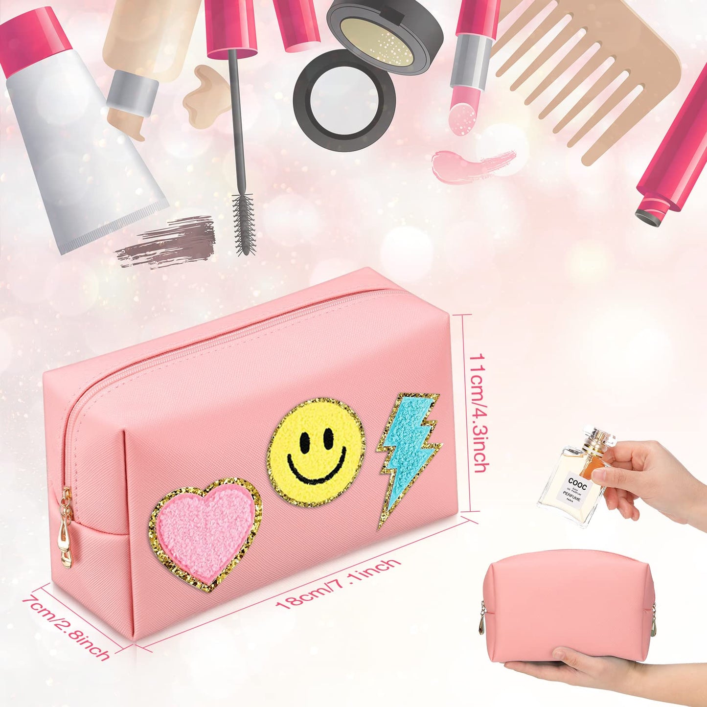 Sanwuta 9 Pcs Preppy Makeup Bag PU Leather Cosmetic Bag Makeup Pouch Plain Cosmetic Pouch Waterproof Toiletry Bags for Traveling Preppy Travel Purse Cosmetic Organizer(Pink, Blue, Purple)