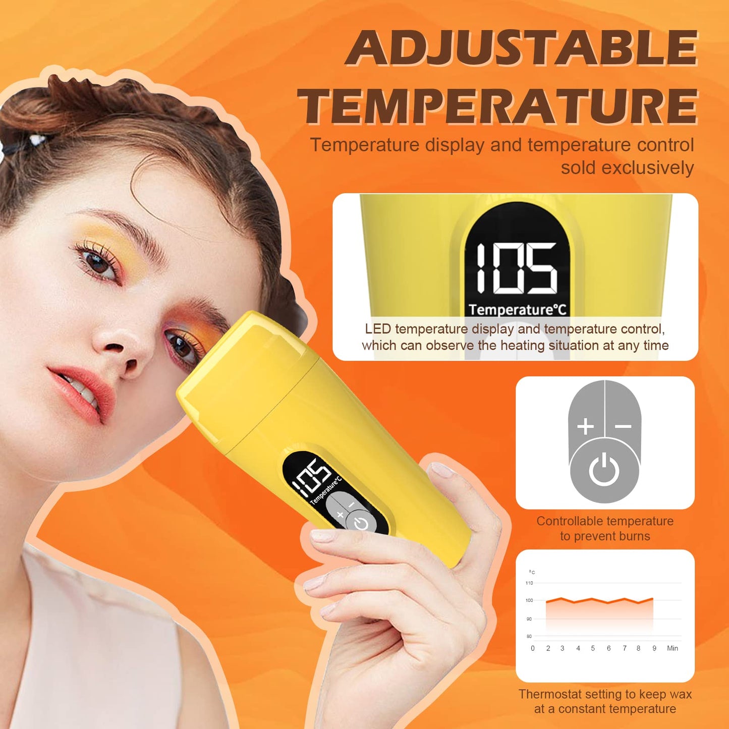 Digital Roll On Wax Kit,Honey Thermostatic Roller Waxing Kit for Sensitive Skin, Depilatory Soft Wax Warmer with 2 Cartridge Refill 10 Wax-removing wipes and 100pcs Wax Strips