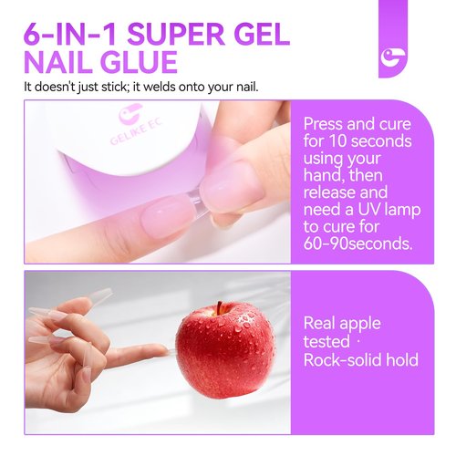 Gelike EC UV Nail Glue Gel: 32ML 6 in 1 Strong Glue Nail for Extension Home DIY Clear UV Cure Adhesive for Acrylic Nails & Press On Nails Tips 12 Toxic-Free