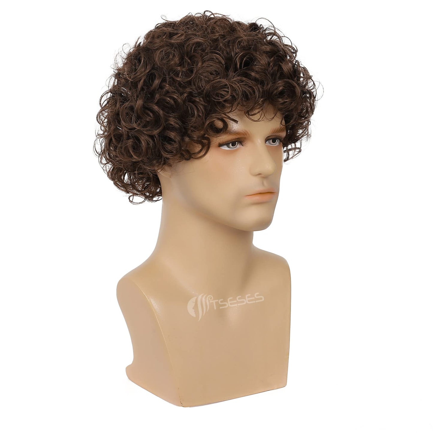 Tseses Brown Curly Short Afro Wig for Male Guy California Mens Cosplay Costume Daily Hair Synthetic Heat Resistant Mens Full Wigs