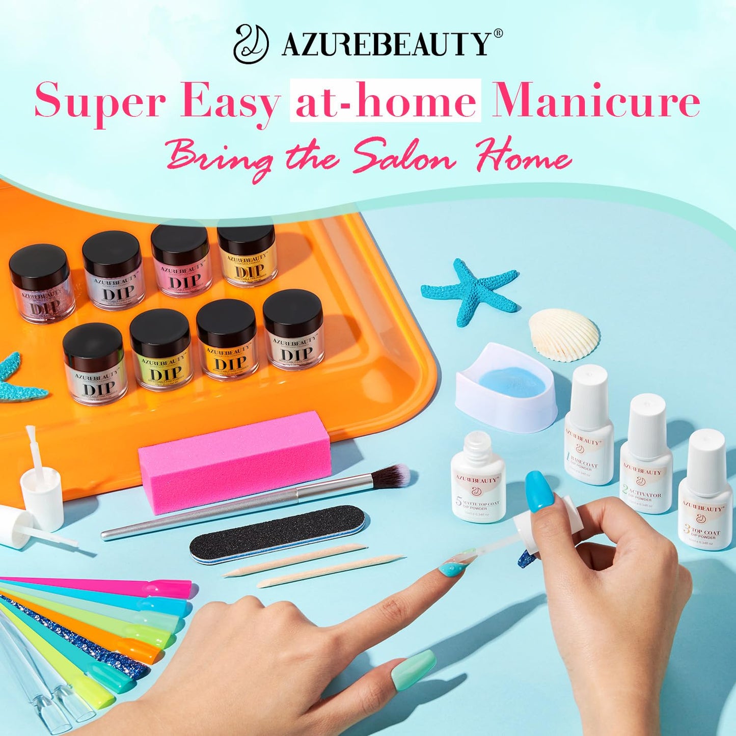 AZUREBEAUTY Dip Powder Nail Starter Kit with Matte Coat, 8 Hot Pink Glitter Neon Summer Color, Dipping Powder Liquid Set with Base/Top Coat/ Activator/10 Nail Sticks Salon at Home