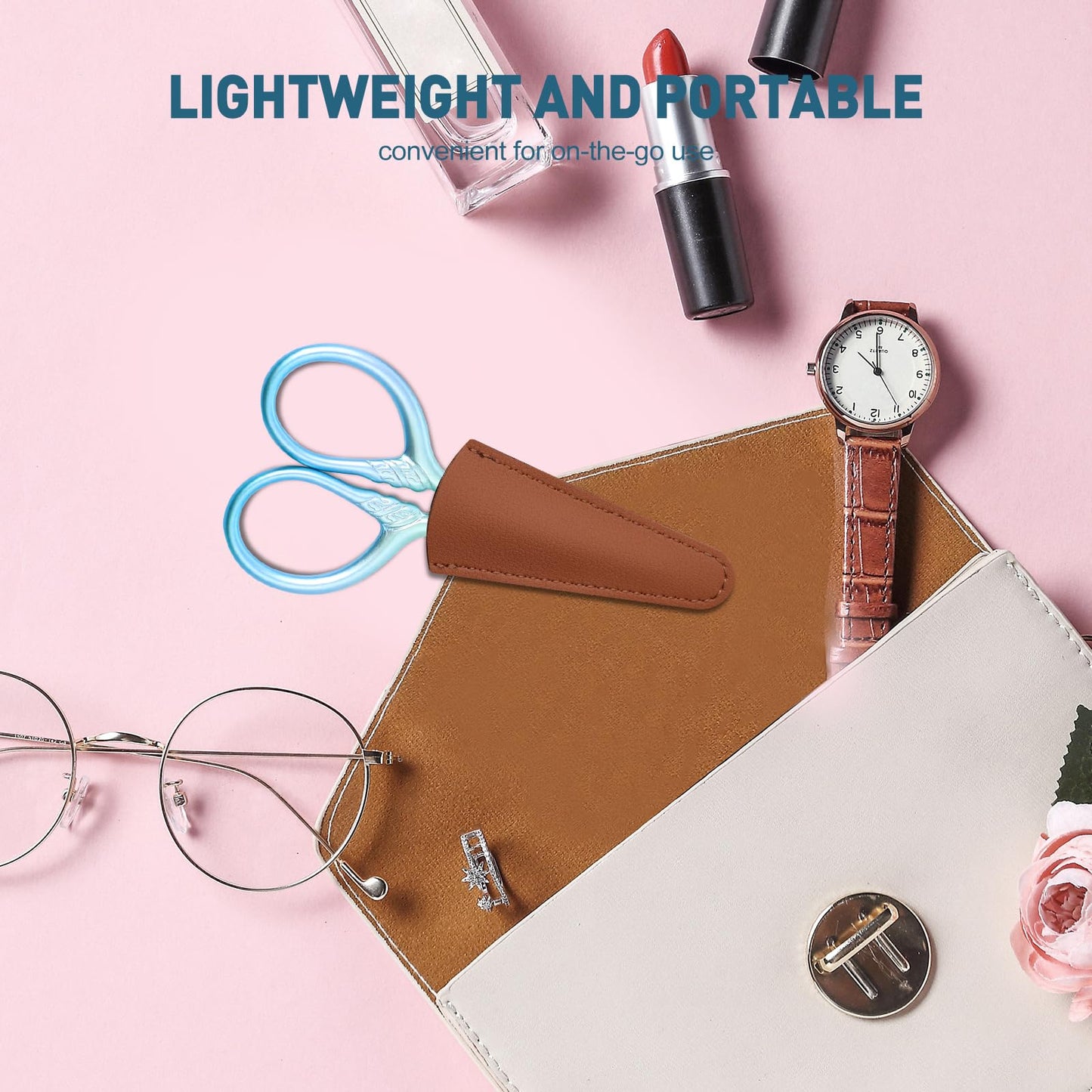 Small facial hair scissors, stainless steel (blue) versatile retro beauty kit for men's and women's bathrooms, nose hair, eyebrows, eyelashes, beard trim, with PU sheath