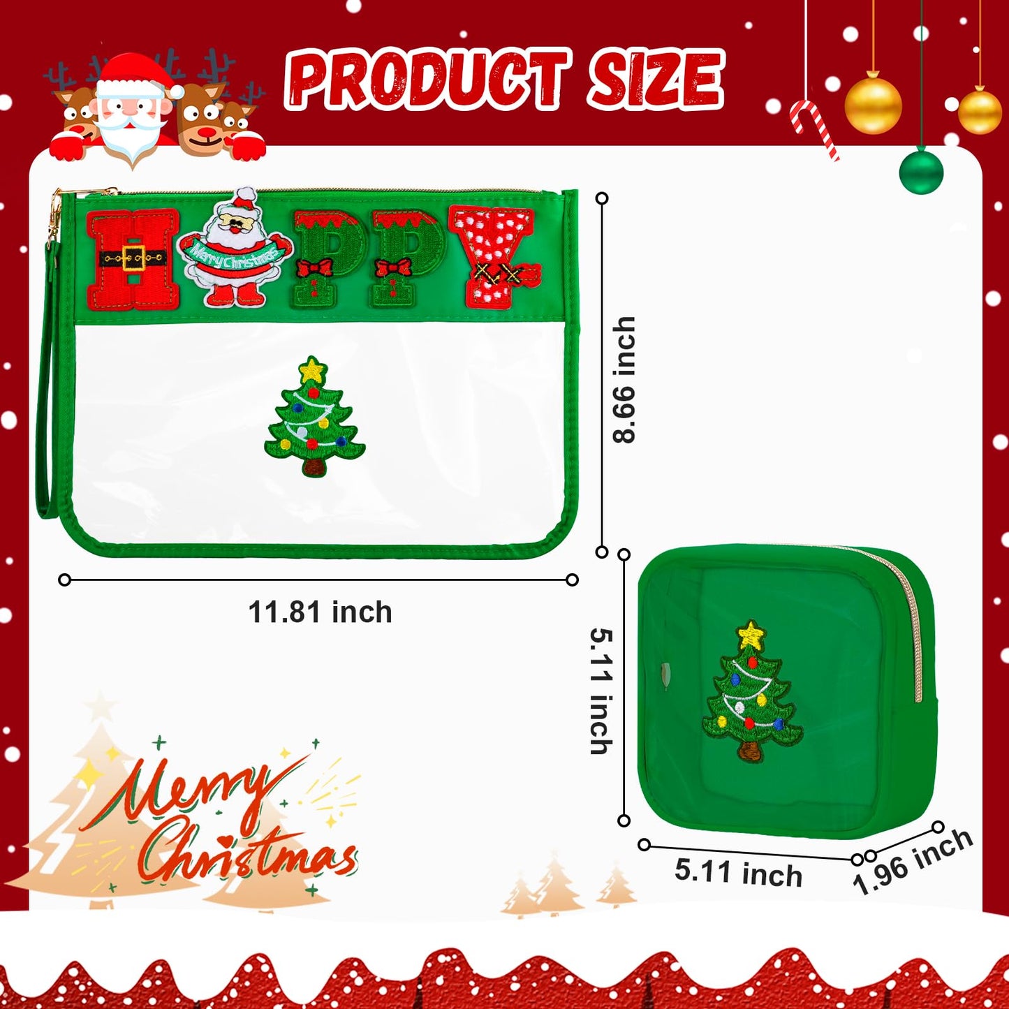 BuyCard 2 Pcs Christmas Gifts Cosmetic Makeup Bag with Chenille Letter Patch, Clear Pouch PVC Organizer Purse, Waterproof Travel Bag, Happy Santa Toiletry Storage Bag for Her Girls Friends Women