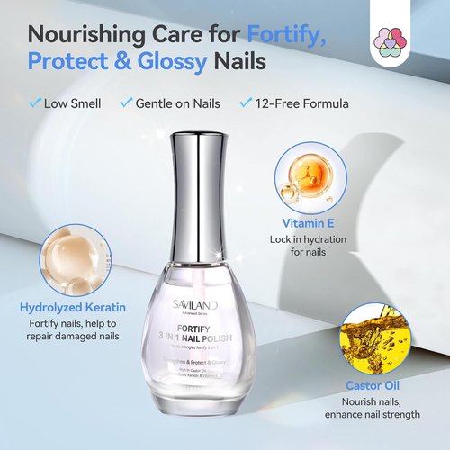 SAVILAND 3-in-1 Nail Strengthener & Top Coat - Quick Air Dry Clear Polish, 15ml for Damaged Nails