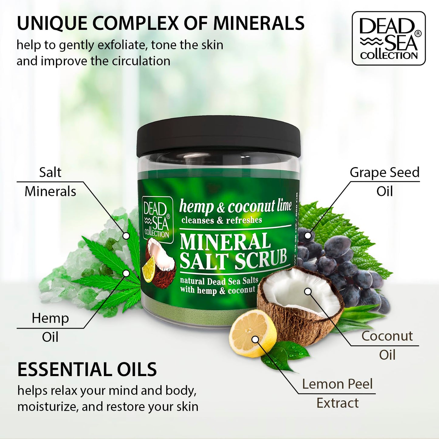 Dead Sea Collection Hemp & Coconut Lime Salt Scrub – Exfoliating Body Scrub for Women – Moisturizing and Nourishing Skin – with Pure Oils and Dead Sea Minerals (23.28 Oz)