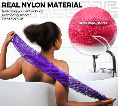 African Net Sponge Authentic - 2 Pieces Real African Exfoliating Loofah Sponge with Knots - African Net Wash Cloths for Body Scrubber Exfoliator Purple & Pink - Back Scrub for Shower Bath Accessories