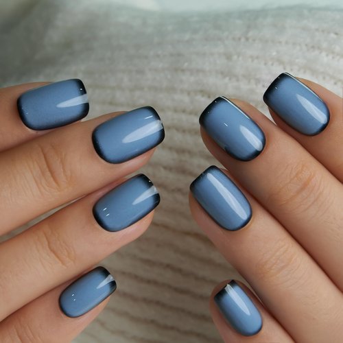 CurvLife Press on Nails Short Square Blue Ombre, 30PCS Glossy Acrylic Fake Nails with Design, Full Cover Reusable Glue on Nails Kit with Nail Glue, Adhesive Tabs & Nail File