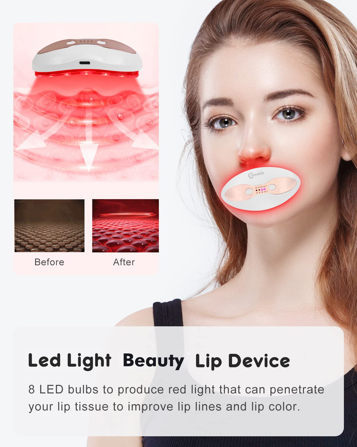 Red Light Device, FERNIDA 2 in 1 Lip and Eye Care Tool with Heated for Anti-Aging, Smooth Lip Wrinkles, Lip Plumper and Reduce Dark Circles, 4 Levels Heating Temps, White