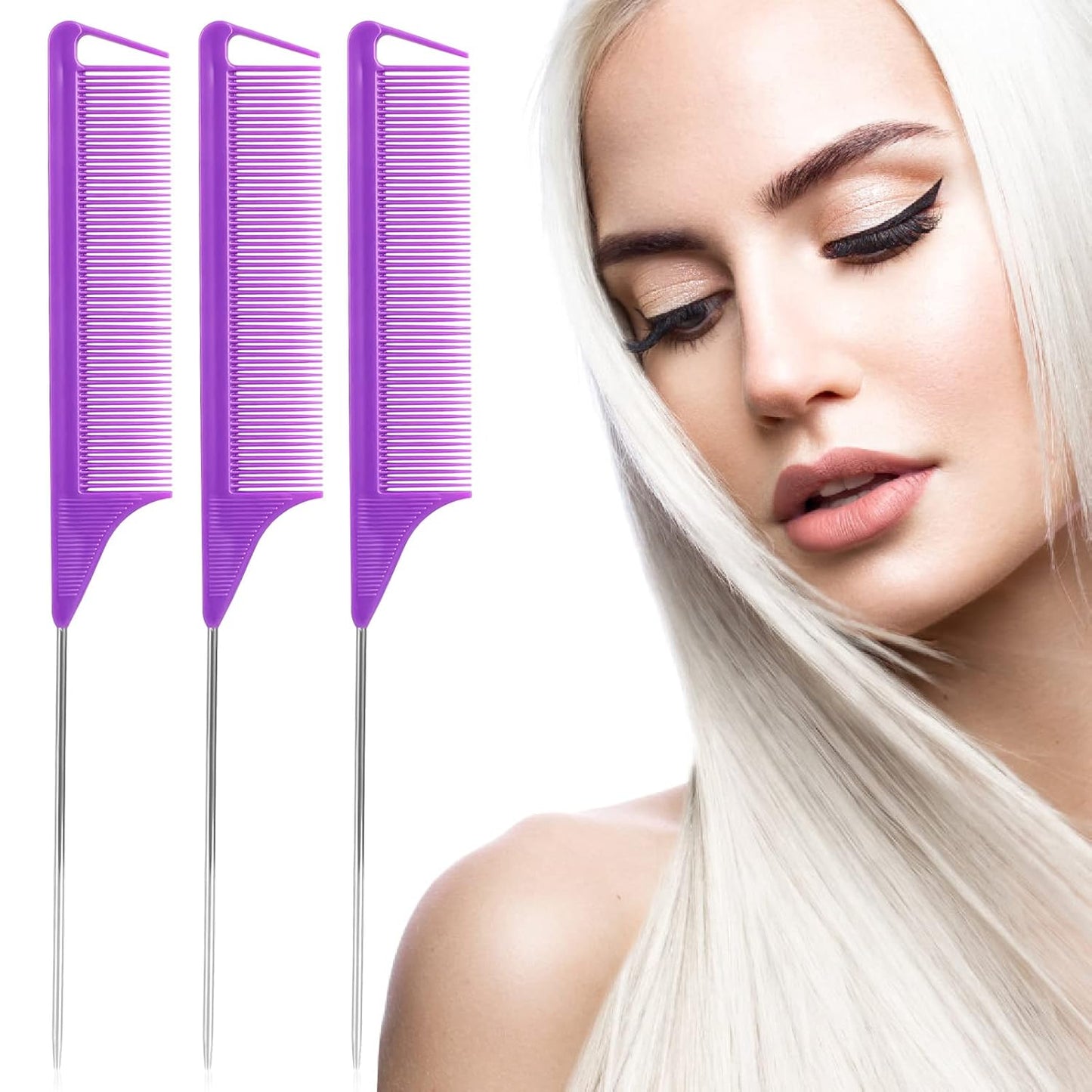 Rat Tail Combs Set: 3-Pack Teasing Styling Combs with Long Steel Pins for Women, Parting Combs for All Hair Types (Black)