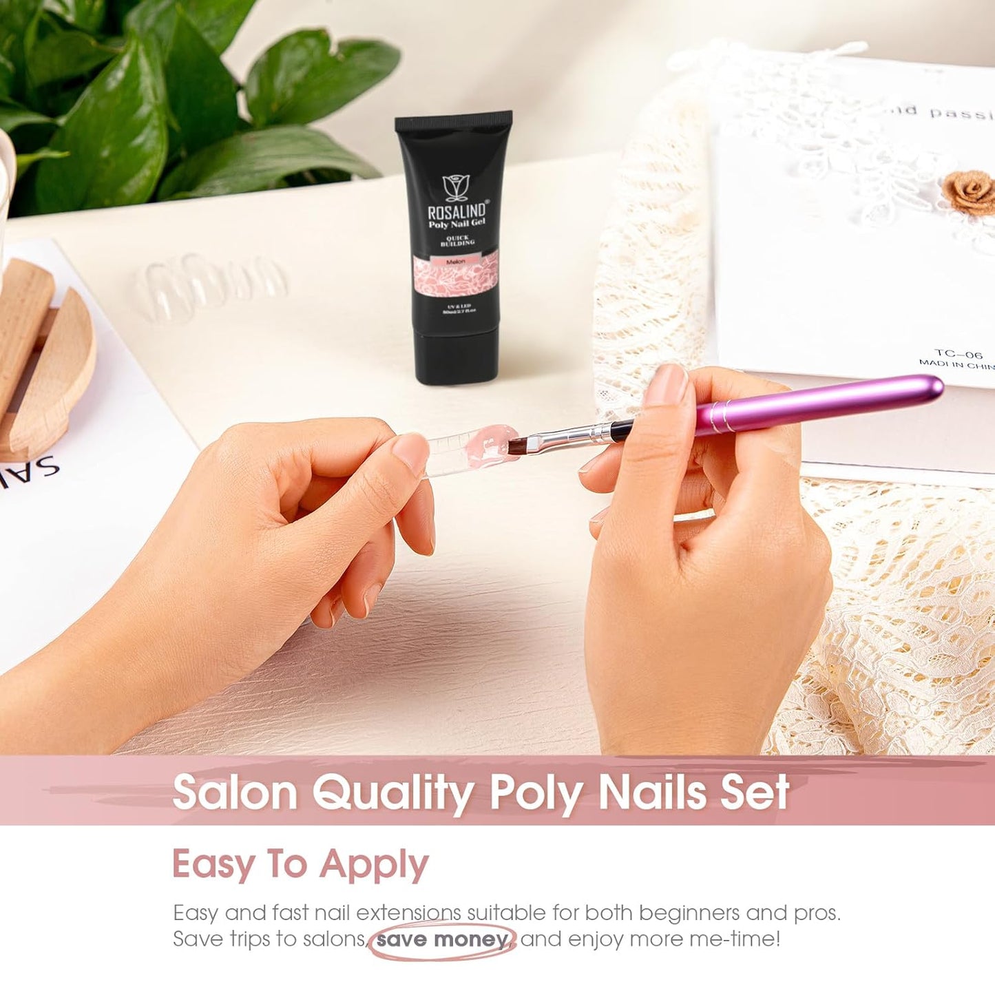 Nude Poly Extension Gel, ROSALIND 2.7 oz Light Nude Poly Nail Gel Builder for Nail Art Decoration, Thickening Extension Easy to DIY Use at Home Need UV Lamp