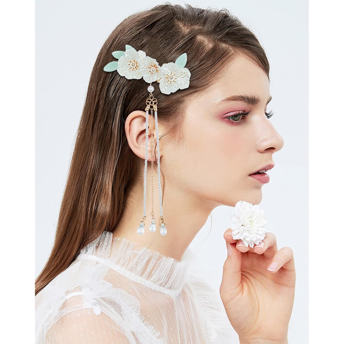 5 Pcs Flower Chinese Tassel Hair Stick Crystal Pearl Hanfu Hair Pins Classical Floral Bride Wedding Accessories for Women
