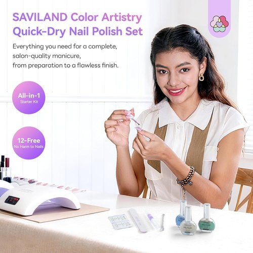 SAVILAND Quick-Dry Nail Polish Kit - 6+1 Colors with 3-in-1 Base, Top Coat & Cuticle Oil | Pearl Glitter Set for DIY Manicure