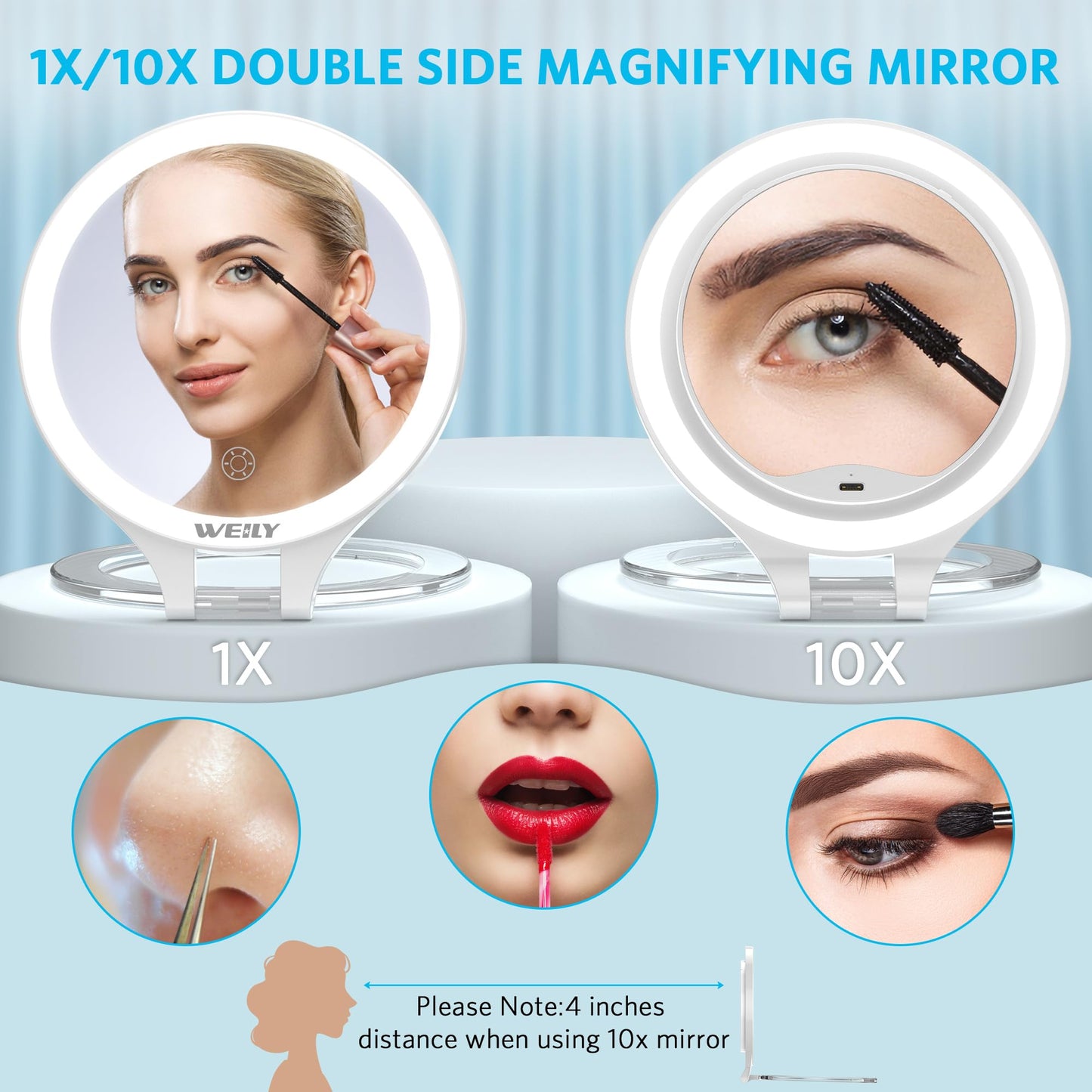 WEILY Magnifying Mirror with Light, 10X/1X Magnification Double-Sided Travel Makeup Mirror, with 3 Color Lights, Touch Control, Rechargeable Portable Mirror for Bedroom, Bathroom (White)