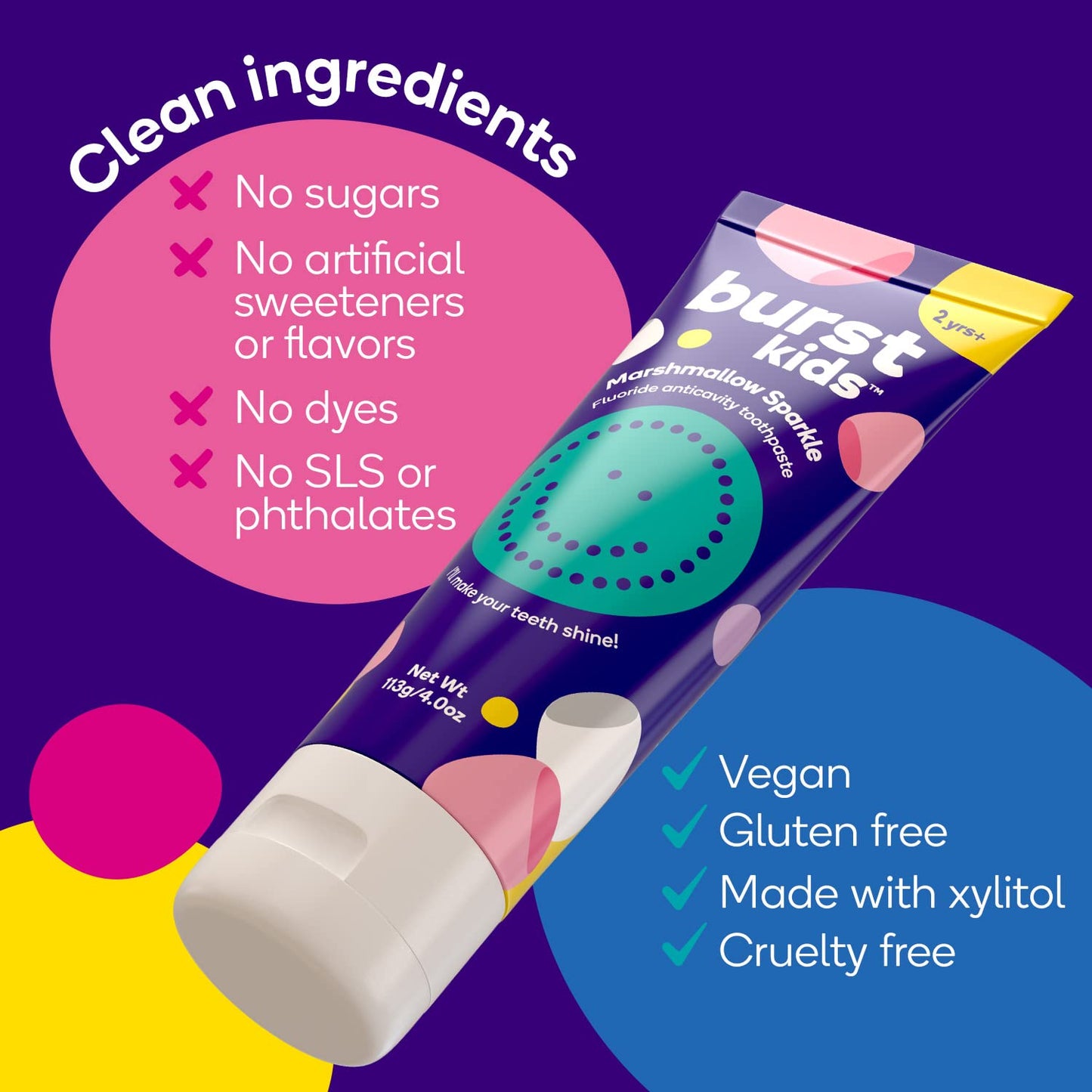 BURSTkids Bubblegum Bonanza Kids Toothpaste with Fluoride - Great Tasting Flavored Childrens & Toddler Toothpaste - Anticavity, Dye Free, Vegan, Safe Toothpaste for Kids Ages 2+ - 4oz