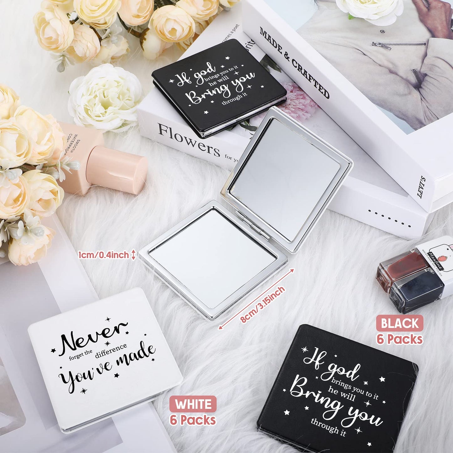 Qunclay 12 Pcs Christian Compact Mirror Gifts Bulk Employee Inspirational Bible Verse Pocket Mirrors Women Mini Makeup Mirrors for New Year Church Sunday Party Favors (Black, White)