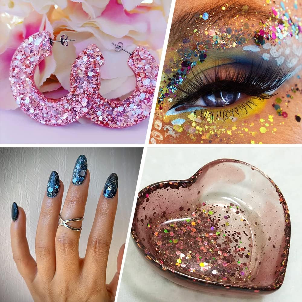 Holographic Chunky Glitter Sequins, 12 Colors Mixed Cosmetic Glitter for Face Body Eye Hair Nail Art Lip Gloss Makeup, Festival Glitter with Different Hexagons Size and Stars (Laser Mix)
