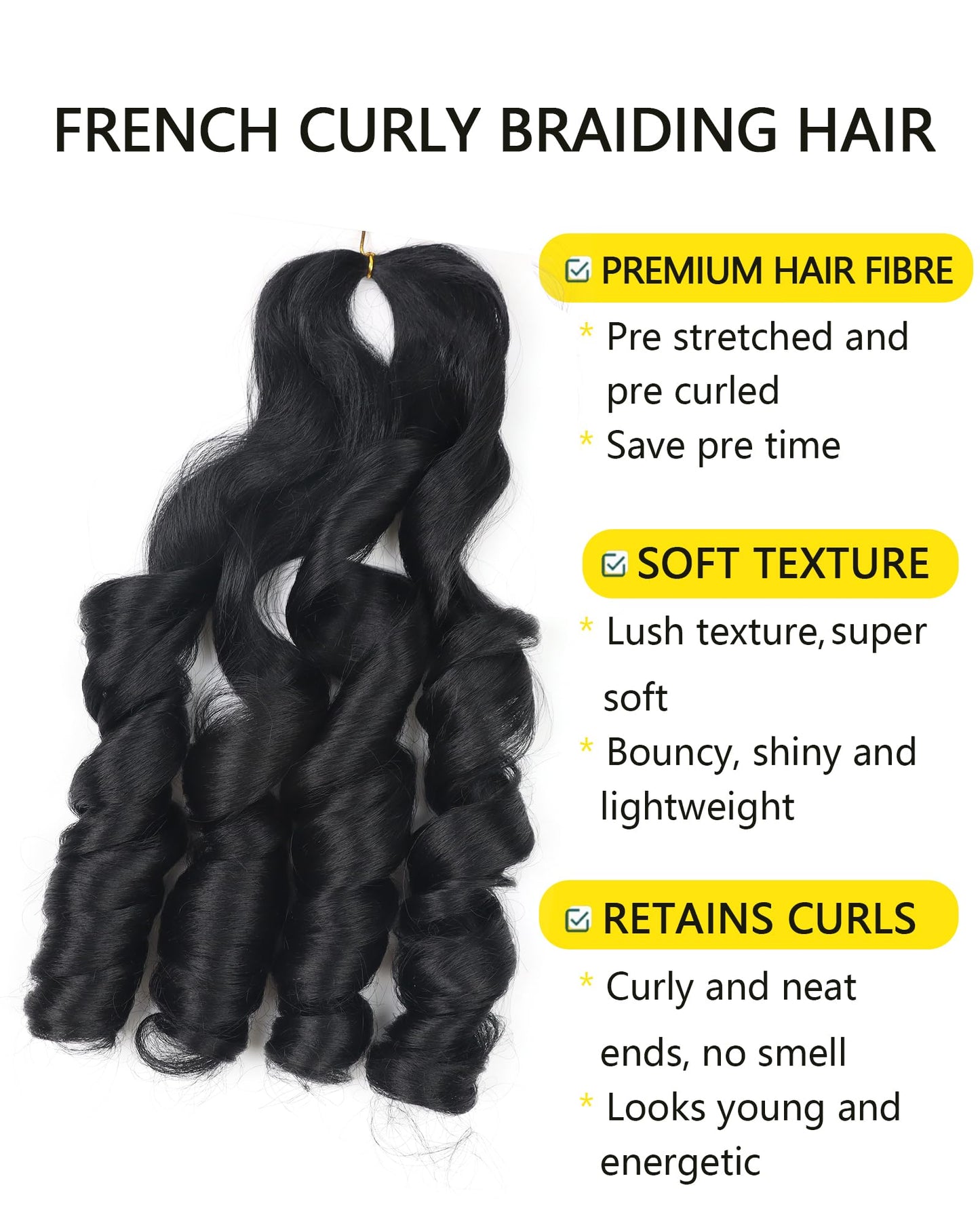 French Curl Braiding Hair Jet Black 10 Inch Wavy Braiding Hair Pre Stretched 8 Packs Long Curly Braiding Hair with Curly Ends French Curls Braiding Hair for Kids (20 Inch,1)