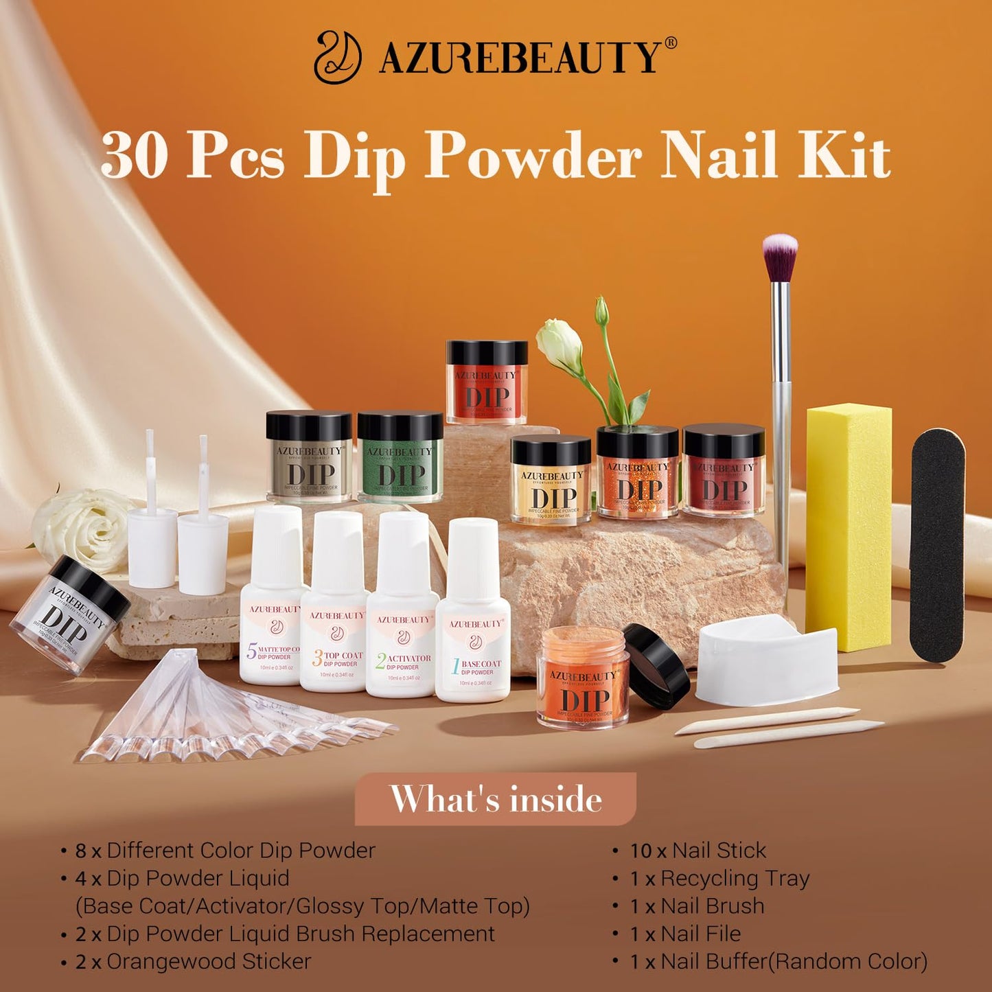 AZUREBEAUTY Dip Powder Nail Starter Kit with Matte Coat, 8 Hot Pink Glitter Neon Summer Color, Dipping Powder Liquid Set with Base/Top Coat/ Activator/10 Nail Sticks Salon at Home