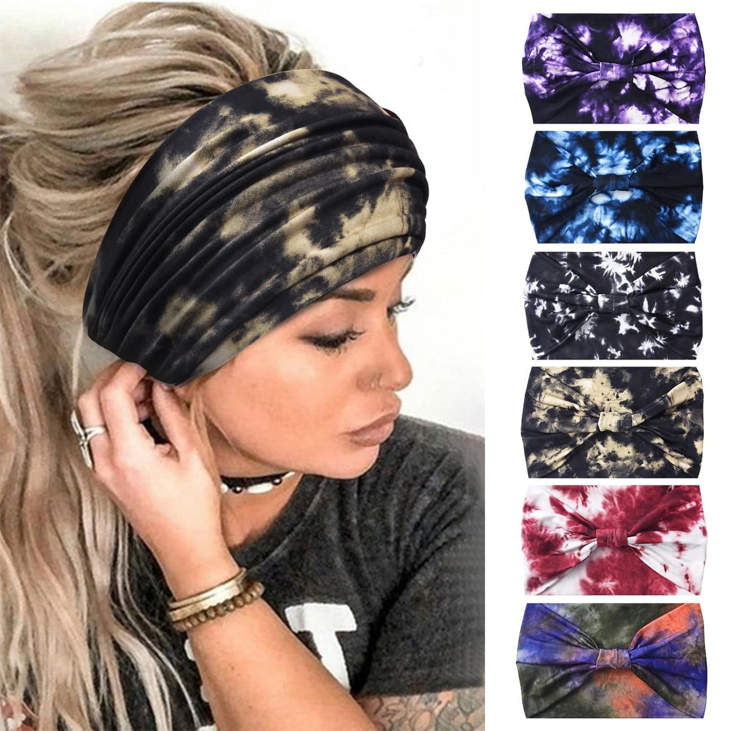 Yeshan Women's Wide Boho Knotted Non-Slip Turban Headwraps - Stretchy Bandeau Hair Bands for Sports, Yoga, Workouts, Pack of 8