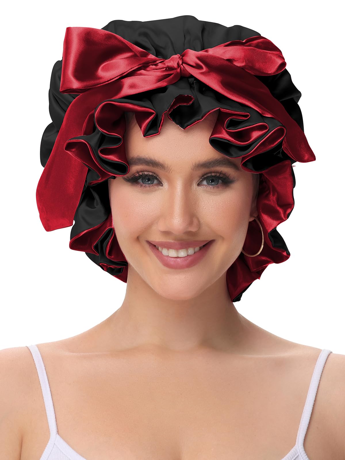 Vettres Hair Bonnet for Sleeping, Satin Silk Shower Cap Women 2025 with Tie Band and Adjustable Straps Head Wrap for Curly Hair Black F