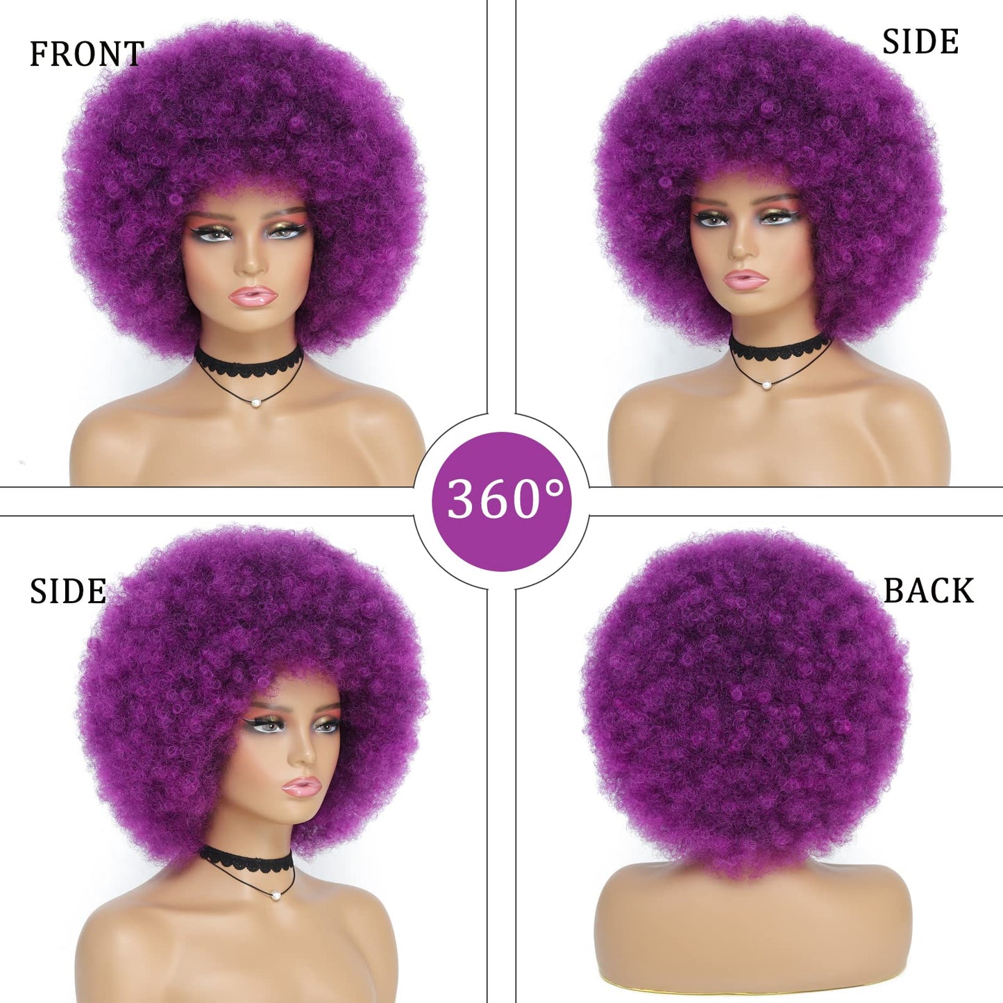 JSDshine 70s Afro Kinky Curly Wig For Women, Purple, Synthetic Fibers, Soft, Bouncy, Natural Looking, With Bangs