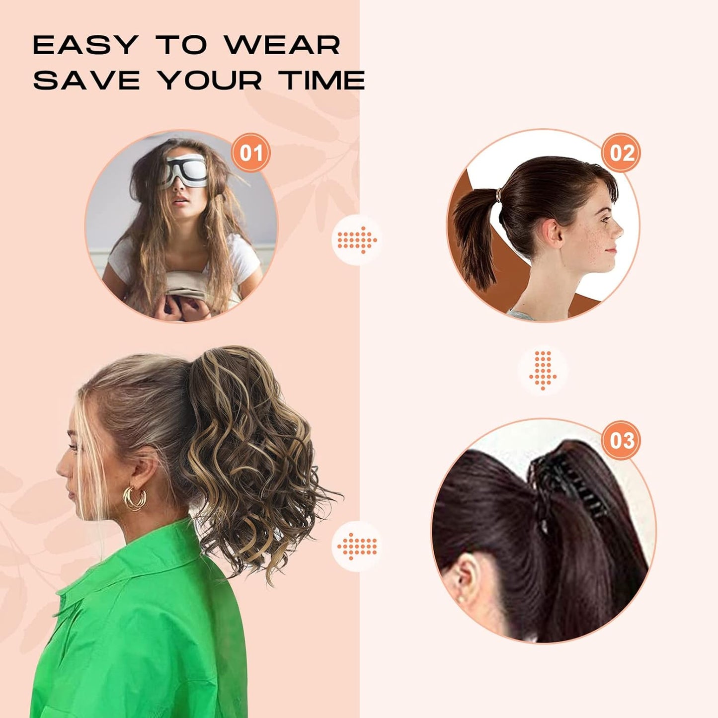 SEIKEA 10" Short Claw Highlight Ponytail Extension Wavy Curly Thick Jaw Clip in Hair Extensions Ponytail Soft Natural Looking Synthetic Hairpiece for Women Brown with Honey Blonde Highlights