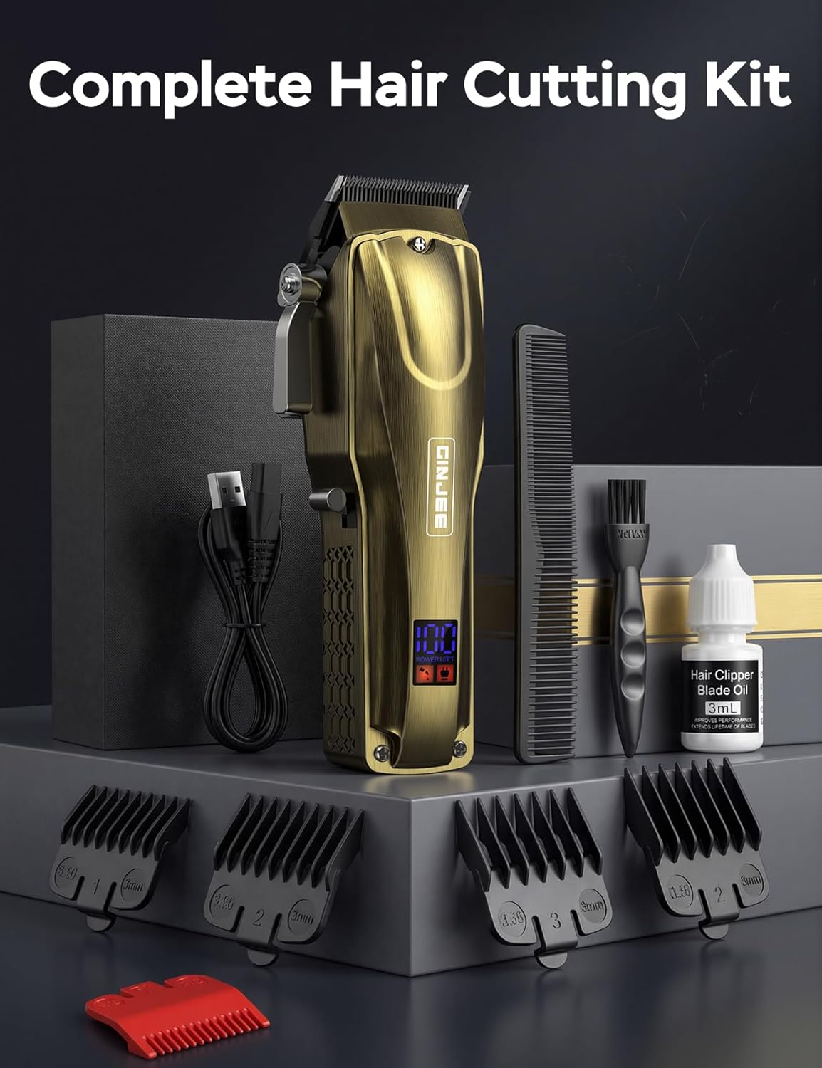 Skiennix Hair Clippers - Cordless & Corded Barber Clipper with 5Hrs Runtime & LED Display | Waterproof Gold Professional Hair Cutting Kit