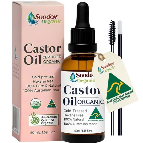 Soodox Certified Organic Castor Oil 2 Pack, 2 x 1.69 Fl Oz, 100% Pure, Cold Pressed, Hexane Free, for Hair, Scalp, Eyelashes, Eyebrows, Face & Skin, Dropper & Brushes Included, Australian Made & Owned
