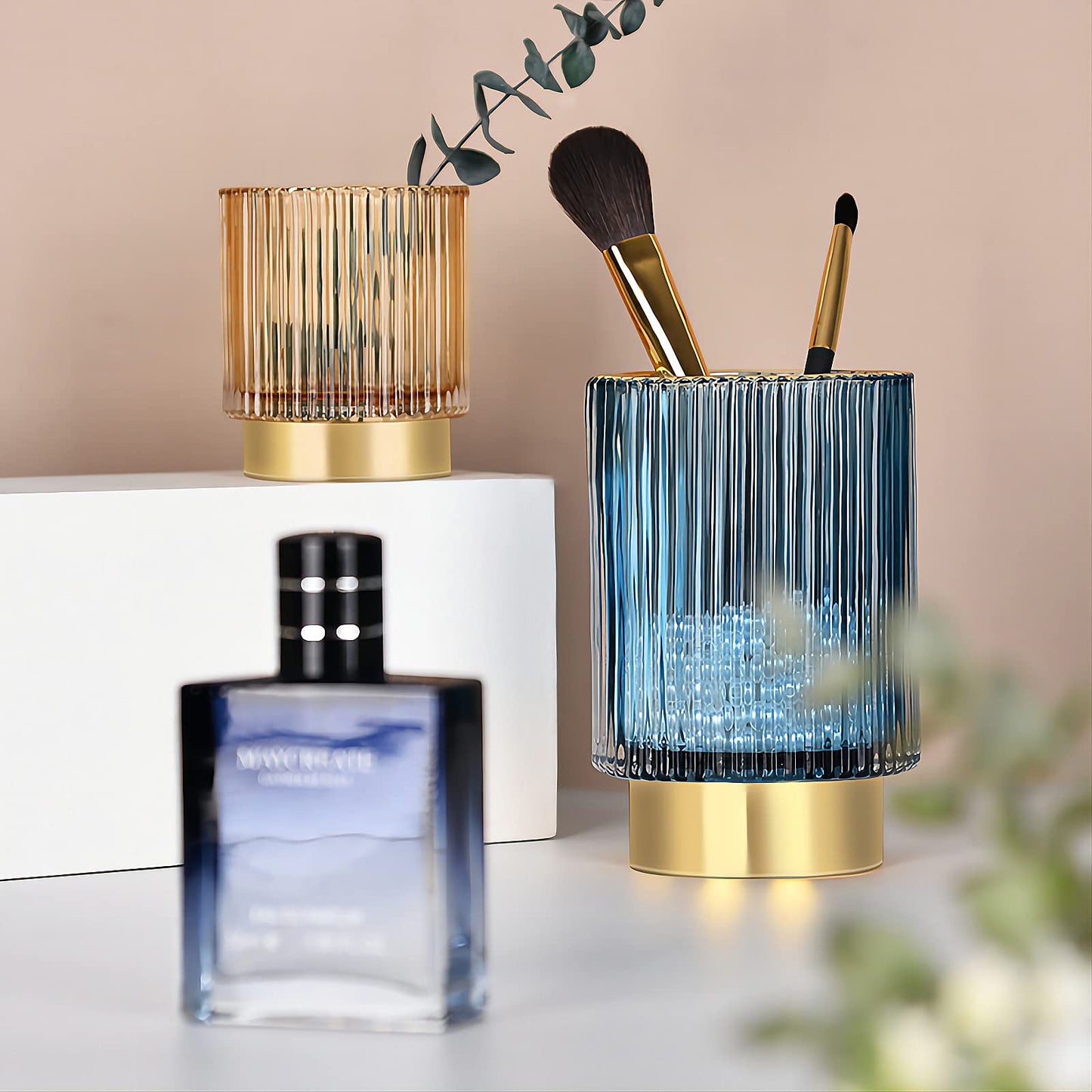 DASITON Makeup Brush holder Organizer,Crystal Cosmetic Makeup Brush Glass Brushes Storage Holder, Vintage Make Up Brush Cup Pen Pencil Holder striped vase(Blue L)