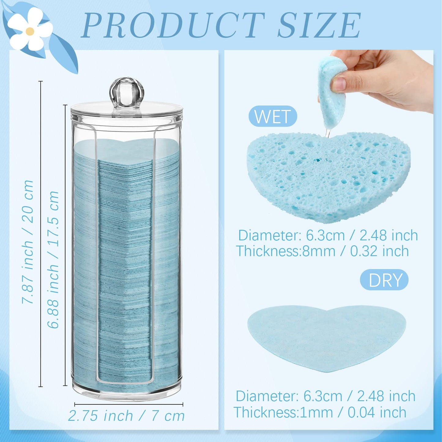 Sieral 120 Pcs Compressed Facial Sponges with Container Disposable Face Sponge Pads for Washing Face Cleansing Exfoliating Esthetician Makeup Removal(Heart,Light Blue)