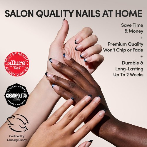 Glamnetic Press On Nails - Onyx Glaze | Short Round Black French Tip Fake Nails, Salon Quality French Manicure | 12 Sizes - 30 Nail Kit with Glue