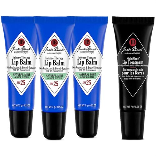 Jack Black Intense Therapy Lip Balm - Natural Mint & Shea Butter, SPF 25 | 0.25 Oz, Pack of 3 + Night Mode Lip Treatment - Overnight Hydrating Mask