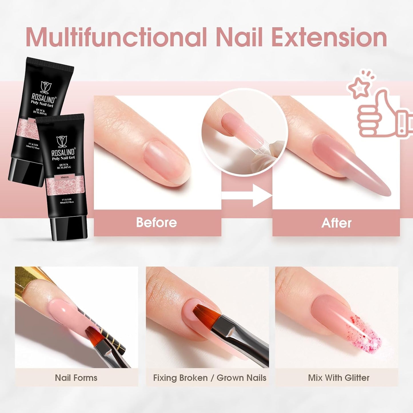 Nude Poly Extension Gel, ROSALIND 2.7 oz Light Nude Poly Nail Gel Builder for Nail Art Decoration, Thickening Extension Easy to DIY Use at Home Need UV Lamp