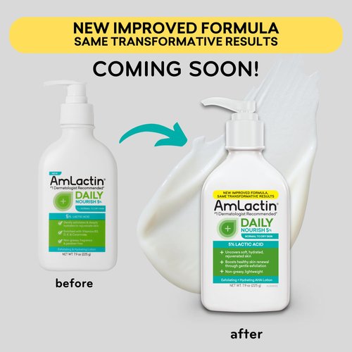 AmLactin Daily Nourish - Therapeutic Face and Body Lotion for Dry Skin - No-Scrub Exfoliator and Moisturizer with 5% Lactic Acid AHA, Safe for Sensitive Skin, 7.9 oz (Packaging May Vary)