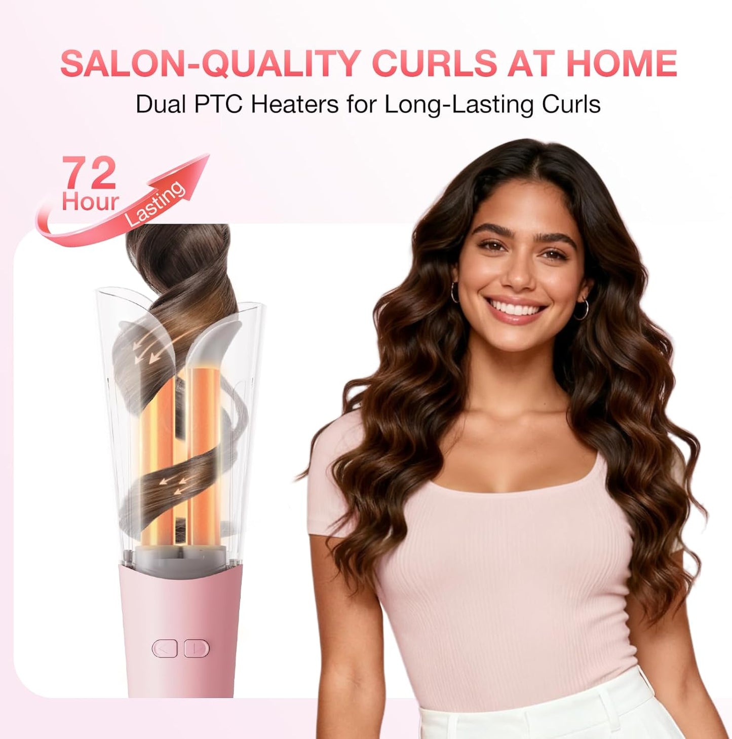 BABONIR Automatic Curling Iron - 1.25'' Ceramic Rotating Wand with 3 Heat Settings & Anti-Scald Design | Travel-Friendly Pink