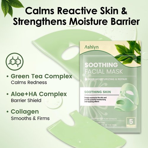 Ashlyn Green Tea Soothing Collagen Face Mask - Overnight Hydrating Sheet Mask with Hyaluronic Acid & Collagen for Sensitive Skin, Deep Moisture Calming Relief for Glass Skin, 35g, 5ea