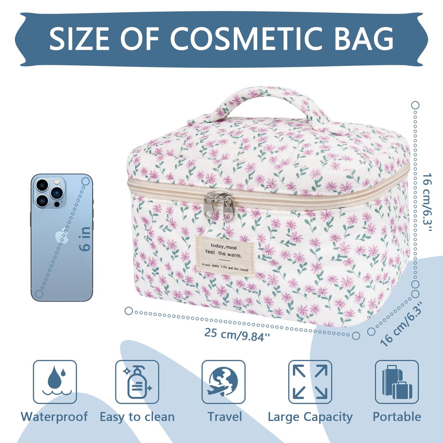 Large Makeup Bag, Cute Cosmetic Bag for Women Girls, Floral Coquette Aesthetic Toiletry Bag, Travel Make Up Organizer Bag (Purple Flower)