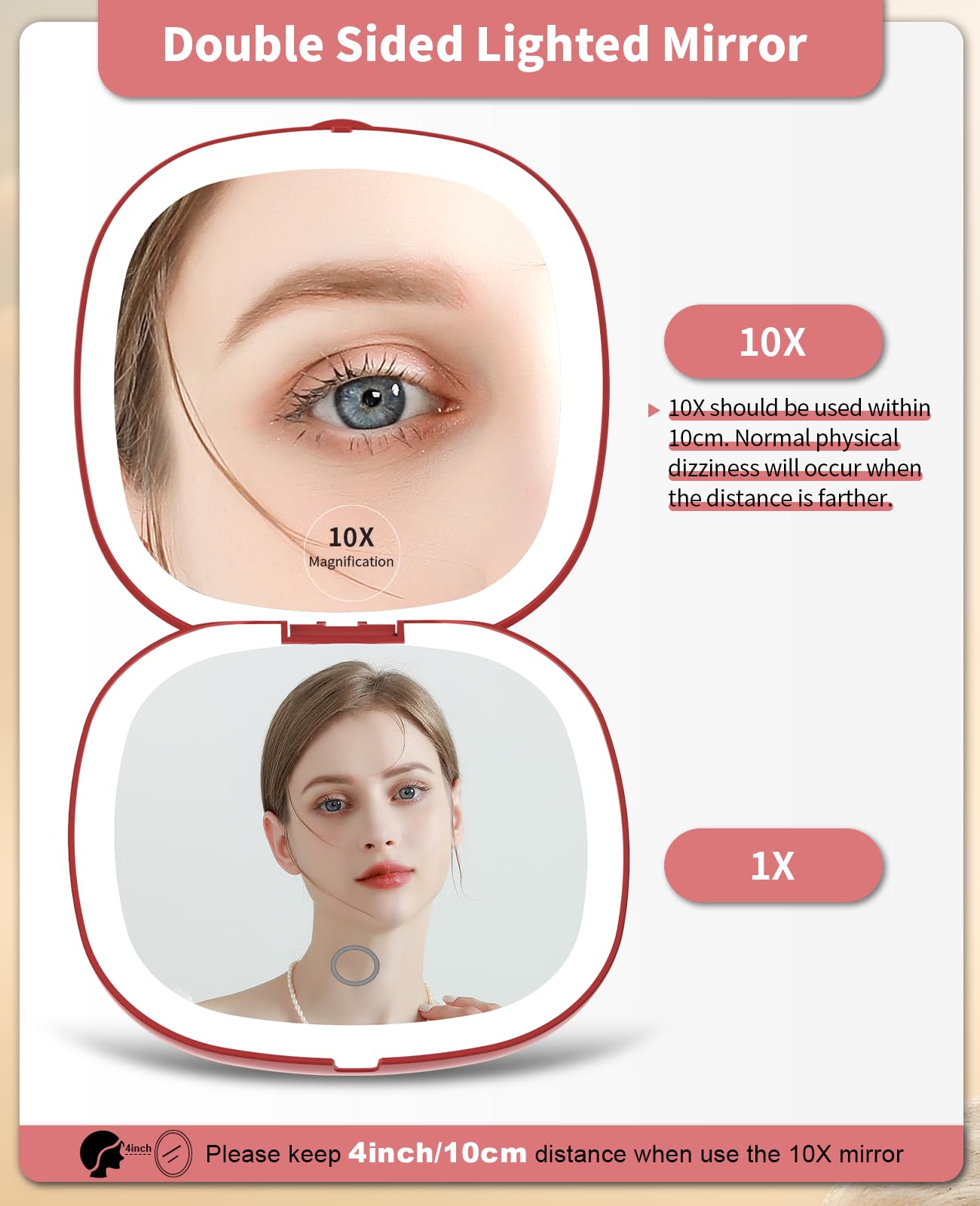 wobsion Travel Mirror with Light, Rechargeable 1x/10x Compact Magnifying Mirror, Dimmable Pocket Mirror,Handheld 2-Side Mirror with Light,4inch Travel Size,Portable for Handbag,Purse,Gift,Red