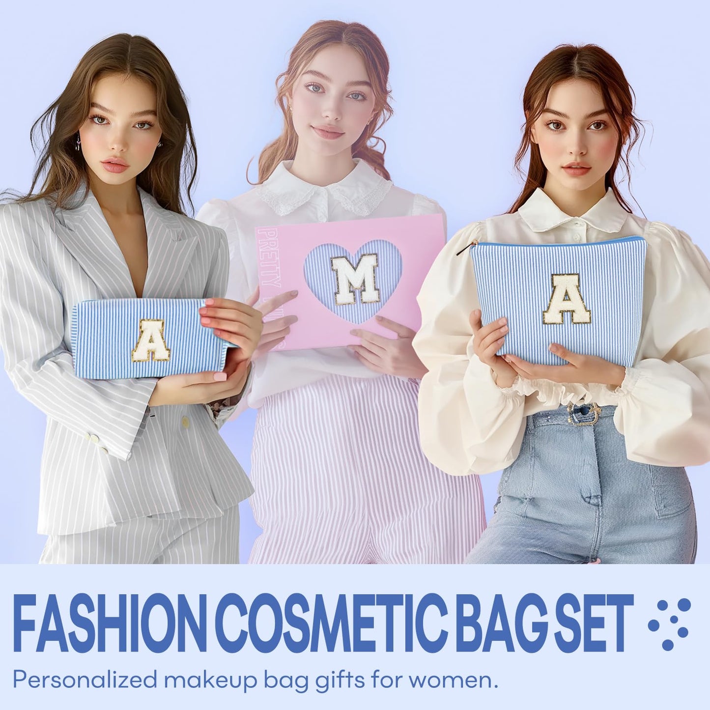 mibasies 2 PCS Initial Makeup Bags for Women: Cosmetic Bag for Travel Toiletry - Birthday Gifts for 11 12 13 14 15 16 17 18 Years Old Girl Gift- Preppy Teen Girl Gifts Trendy Stuff - Blue L
