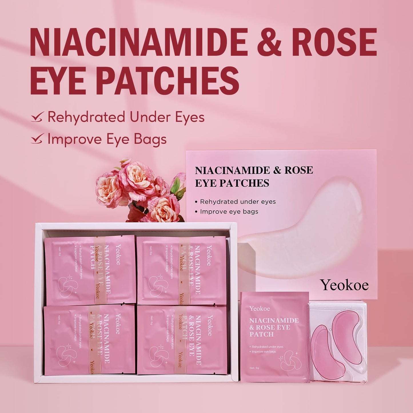 Yeokoe Under Eye Patches for Dark Circles,Puffy Eyes,20 Pairs Face Masks SkinCare With Niacinamide and Rose for Rehydrated