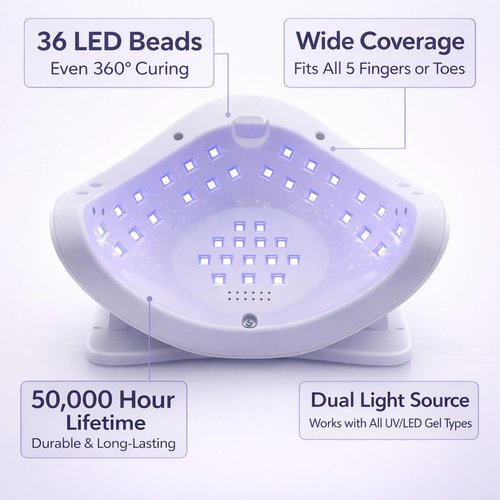 BAREDAZZLE 120W UV LED Nail Lamp for Gel Nails β Professional Nail Dryer with 4 Timers, LCD Display, Auto Sensor & Low Heat Mode β Removable Base, 36 LED Beads