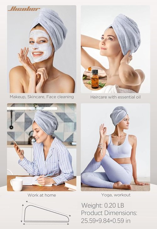 Hicober Microfiber Hair Towel Wrap - Fast Drying, Soft & Lightweight Turban for Curly Hair | 3 Pack (Blue/Grey/Pink)