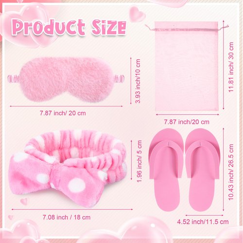 42 Pcs Spa Sleepover Party Supplies Bulk for Girls Include 6 Pink Spa Hairbands 6 Plush Eye Masks 12 Wristbands 6 Bath Loofahs 6 Pairs Disposable Slippers 6 Organizer Bags for Women Slumber Party Gift