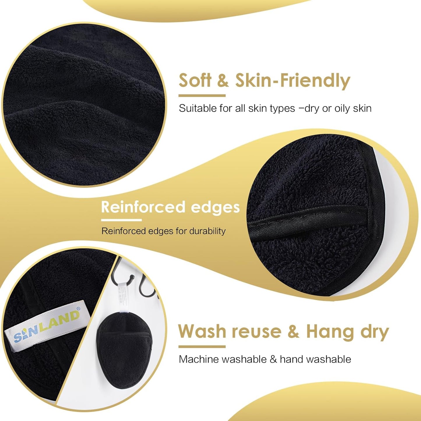 SINLAND Reusable Makeup Remover Pads - Gentle Microfiber Cleansing Cloths for All Skin Types | Black, Pack of 6
