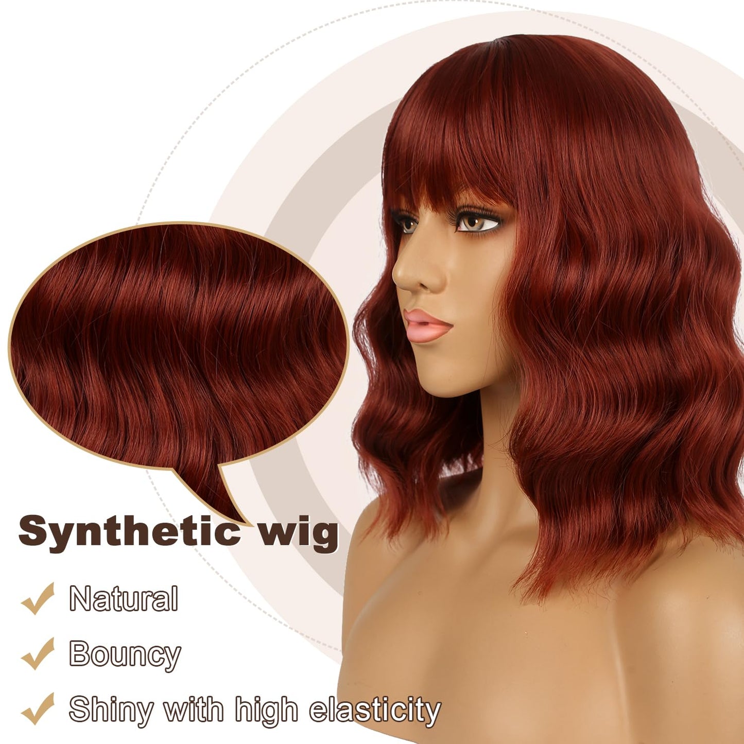 LANCAINI Short Bob Wigs with Bangs for Women Loose Wavy Wig Curly Wavy Shoulder Length Bob Synthetic Cosplay Wig for Girl Colorful Costume Wigs (Auburn)