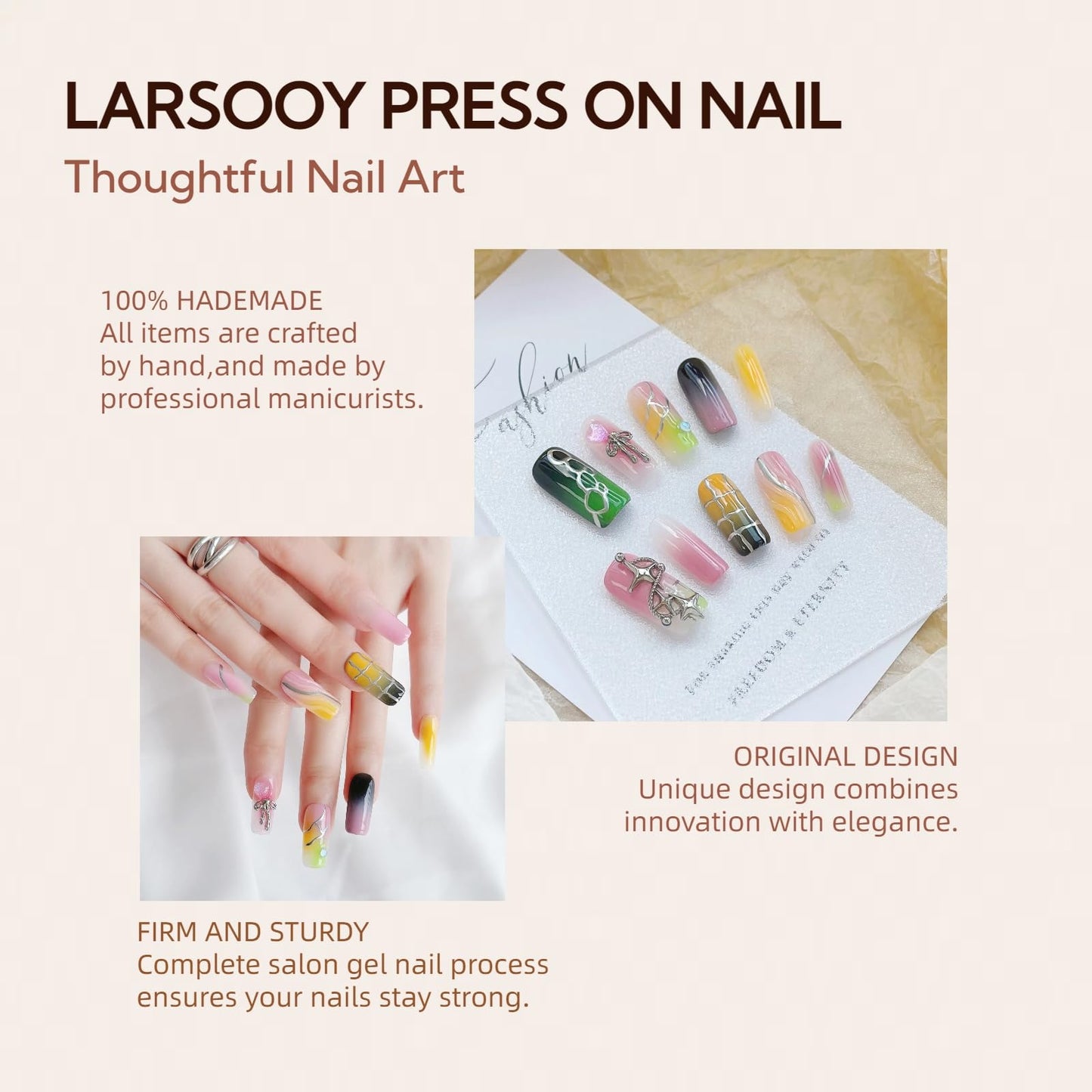 LARSOOY Nails Handmade Press on Nails Middle Long Square | Handmade Nails with Multicolored Stripes | Reusable fake Nails with Unique Designs | False Nails 10 Pcs (Overturned Palette, M)