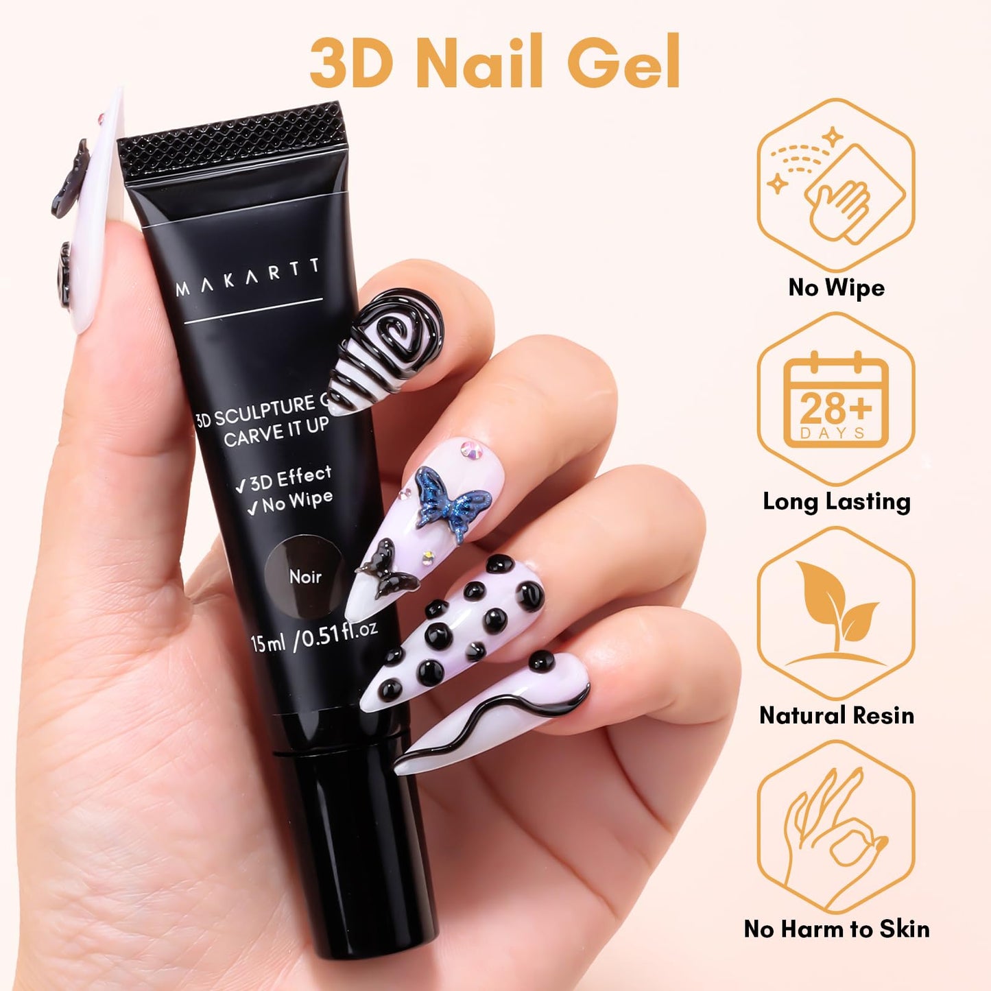 Makartt 3D Nail Gel Sculpting Gel Nail Art Glue for Craving, 15g Black Candy Molding Gel No Wipe Embossed Gel Polish Rhinestone Nails Charm Glue Decoration Manicure Designs (Noir)