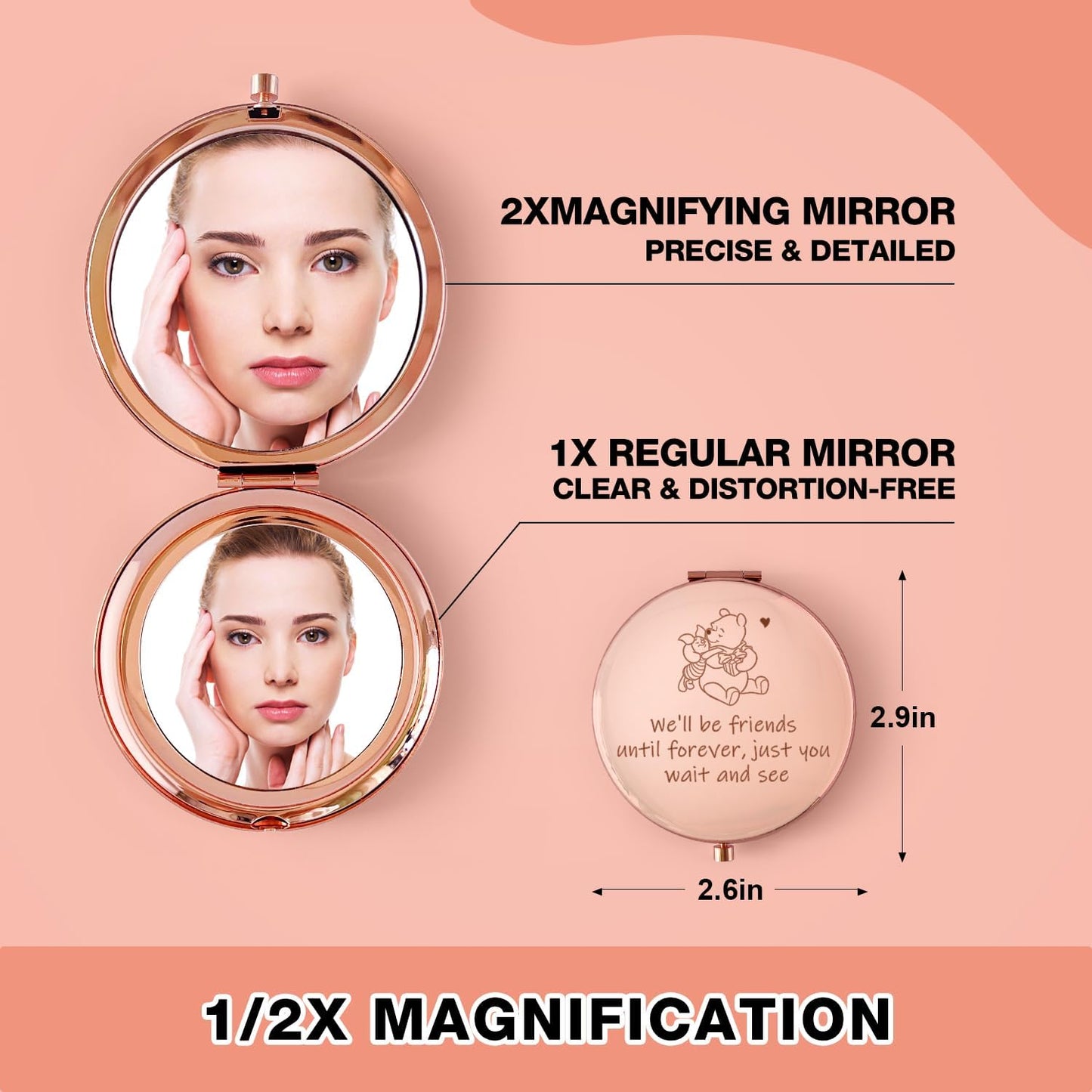 Winnie Compact Makeup Mirror - Engraved "We'll Be Friends Until Forever" - Perfect Gift for Sisters & Friends