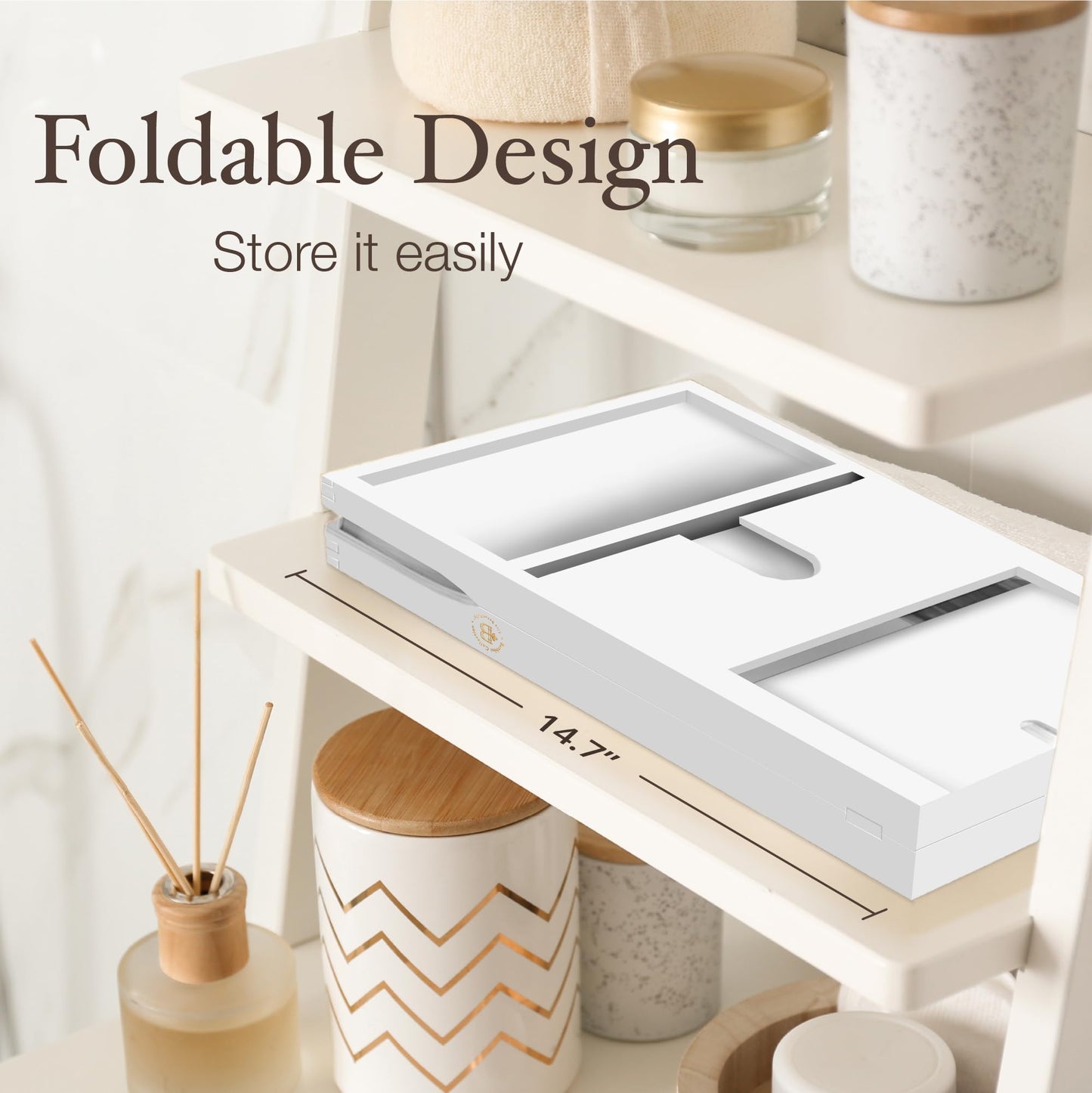 Foldable Bathtub Tray - Expandable Bamboo Bath Caddy with Wine, Book & Tablet Holder - Luxurious Bath Accessories, Perfect Spa Experience, Unique Gifts for Mom, Women, Couples, Housewarming (White)